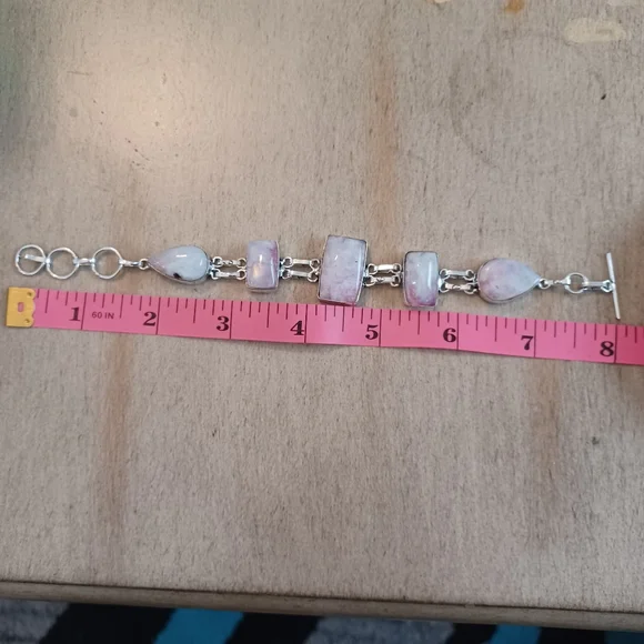 Rainbow Moonstone Silver Link Rectangle Teardrop Adjustable Bracelet - Picture 7 of 12